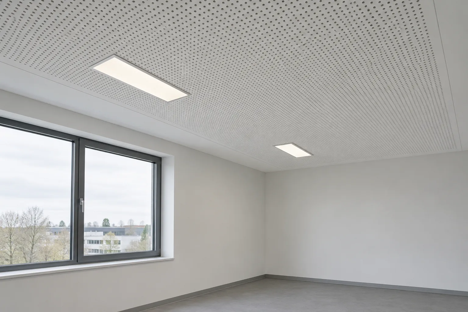 Perforierte Gipsplattendecke mit regelmäßiger Lochung und eingeplanten Leuchten