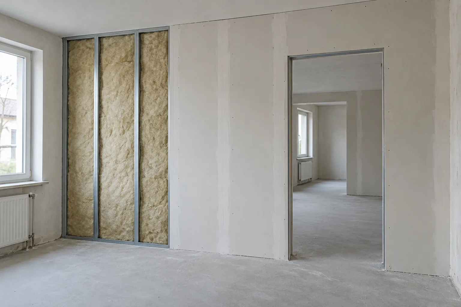 Trockenbauwand mit Türöffnung, sichtbaren Metallprofilen und Dämmstoff