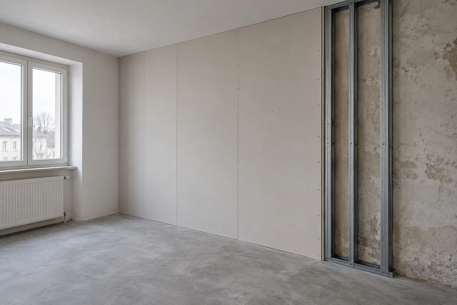 Vorsatzschale aus Gipsplatten vor einer bestehenden Wand mit sichtbarem Metallständerbereich