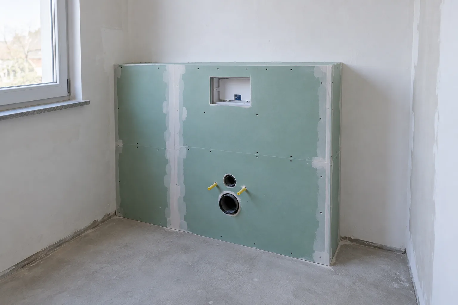 Mit feuchtraumgeeigneten Gipsplatten verkleidete WC-Vorwand mit vorbereiteten Öffnungen